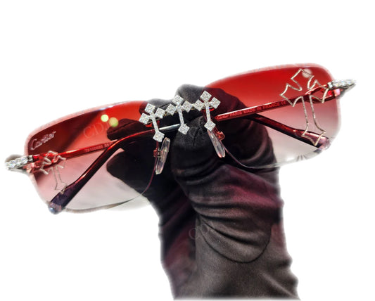 Iced Out Cross Red Tint Glasses