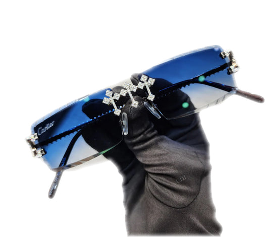 Iced Out Cross Blue Tint Glasses